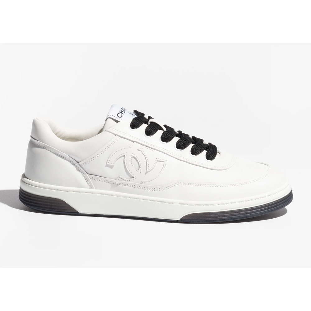 Chanel 24P White Black Leather CC Logo Flat Lace Up Runner Trainer Sneaker 42